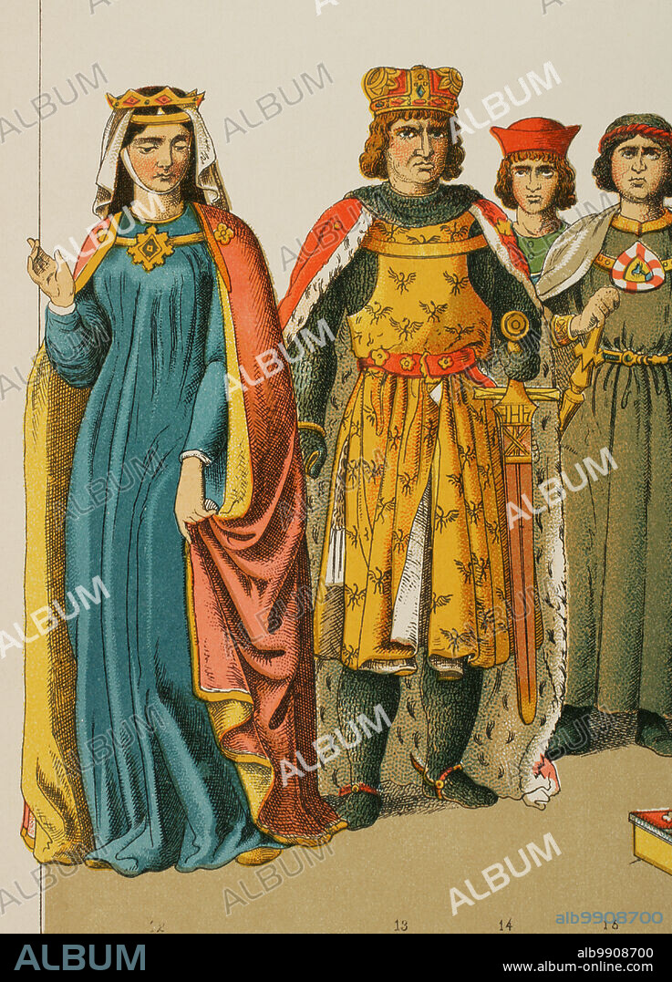 Historia de Alemania. 1200. De izquierda a derecha, 12: emperatriz Ana (Constanza o Anna de Hohenstaufen, 1230-1307, hija de Federico II), 13: Archiduque Enrique de Breslavia (Enrique IV de Breslavia, h. 1258-1290), 14-15: condes. Cromolitografía. "Historia Universal", por César Cantú. Tomo X, 1881.
