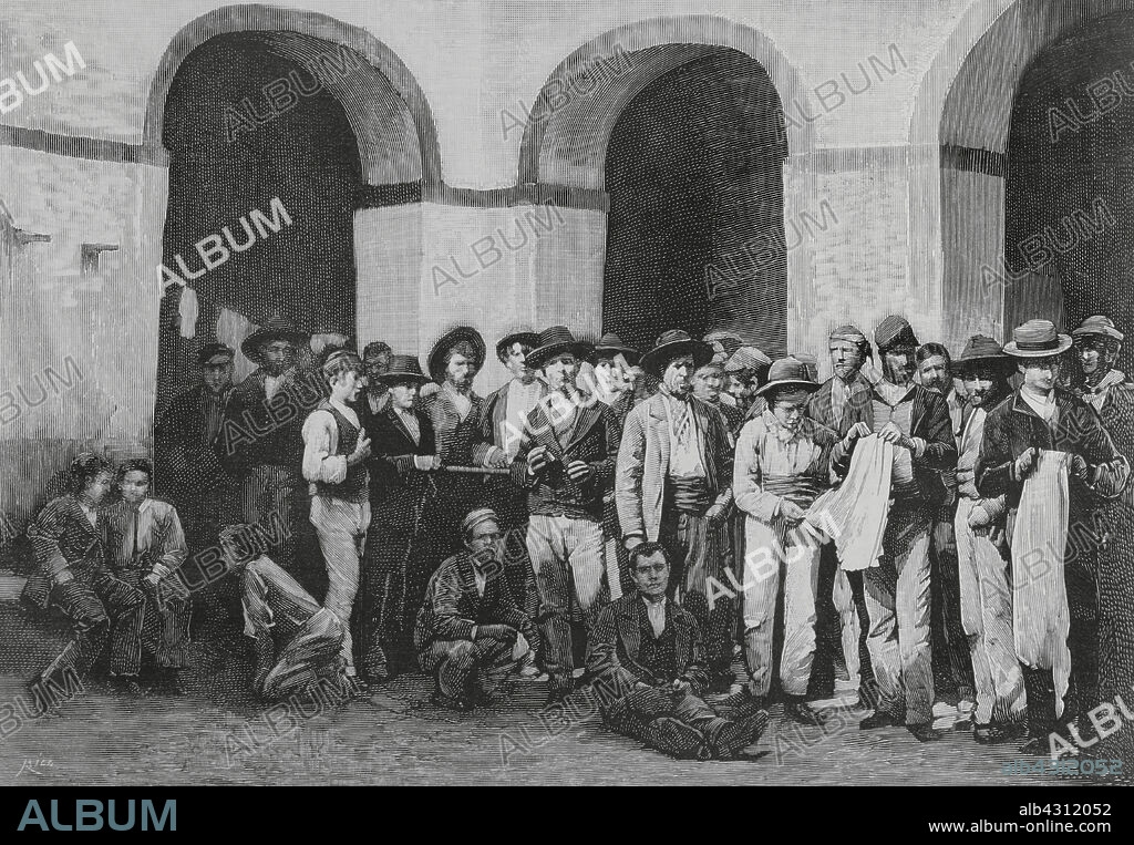 BERNARDO RICO (1825-1894). SPANISH PAINTER AND ENGRAVER.. Jerez de la Frontera, province of Cadiz, Andalusia, Spain. Jerez jail. Group of prisoners accused of complicity in the crimes perpetrated by the anarchist and secret organization called "La Mano Negra" (The Black Hand). This criminal gang acted in Andalusia in 1882 and 1883, amidst class struggle in the Andalusian countryside. Engraving by Bernardo Rico (1825-1894). La Ilustración Española y Americana (The Spanish and American Illustration), 22 March 1883.