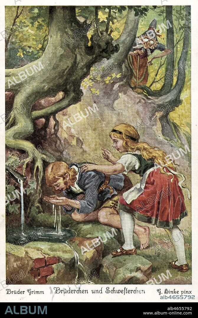 Petit Frere et Petite Soeur : Petit Frere boit l'eau de la source ensorcelee malgre les conseils de sa soeur. Il va se transformer en chevreuil. Conte des freres GRIMM, carte postale allemande vers 1900. Credit Collection Kharbine Tapabor.