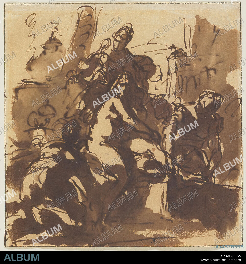 Sebastiano Ricci, Bathsheba, ca. 1724, pen and brown ink and brown wash on paper, 5 3/8 in. x 5 1/8 in. (13.6 cm. x 13.02 cm.), In this study for a painting, the Venetian Rococo painter Sebastiano Ricci sketches out an arrangement of attendants surrounding the bathing Bathsheba, one of the major female protagonists of the Old Testament. The spirited touch and fluid lines, the strong contrasts of the figures, and the rapid flourishes that adorn the architectural elements are characteristic of Ricci's late drawings. This work was most likely created in Venice, after Ricci, whose travel and work throughout Europe earned him international esteem, returned to his birthplace. Artworks representing Bathsheba at her bath are quite common, as this scene allows for the illustration of a beautiful female nude during a moment of violated privacy, when King David's illicit glance inflames his desires. This drawing is likely a compositional study for Ricci's painting of the same subject, 'Bathsheba' (1725), held in the collection of the Gemaldegalerie, Berlin.