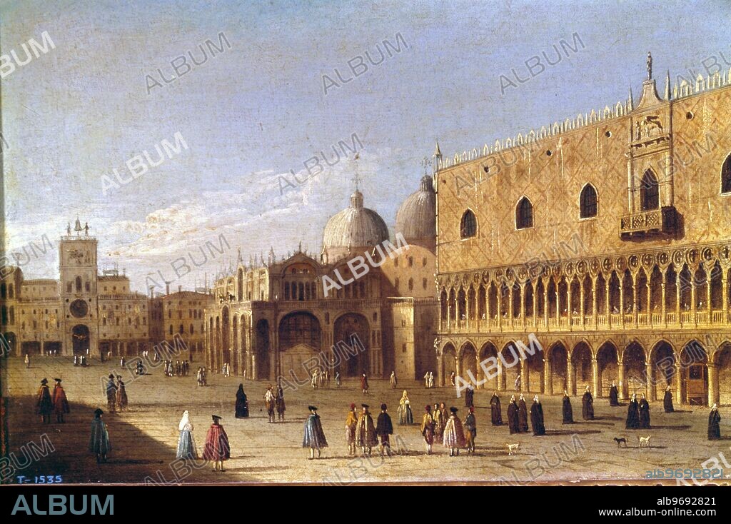 Canaletto - St Mark's Square Venice - in the Prado Museum - Giovanni Antonio Canal (Venice, October 7, 1697 - April 19, 1768), better known as Canaletto, was a Venetian artist famous for his landscapes or vedute of Venice. They served as the equivalent of painted postcards for those able to afford the price. He was a son of a painter Bernardo Canal, hence his nickname Canaletto. His nephew Bernardo Bellotto was also a landscape painter; he sometimes used the name of Canaletto to further his own career. - Â©Topham.