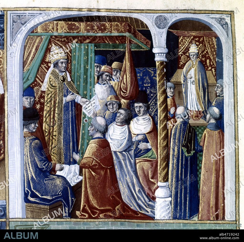 Premier Concile de Lyon, convoque par le Pape INNOCENT en 1245 (XIIIe, 13e, 13eme s.) : la decision de la tenue du concile. Enluminure provenant d'un manuscrit medieval. Credit : Collection JEAN VIGNE / KHARBINE-TAPABOR.
