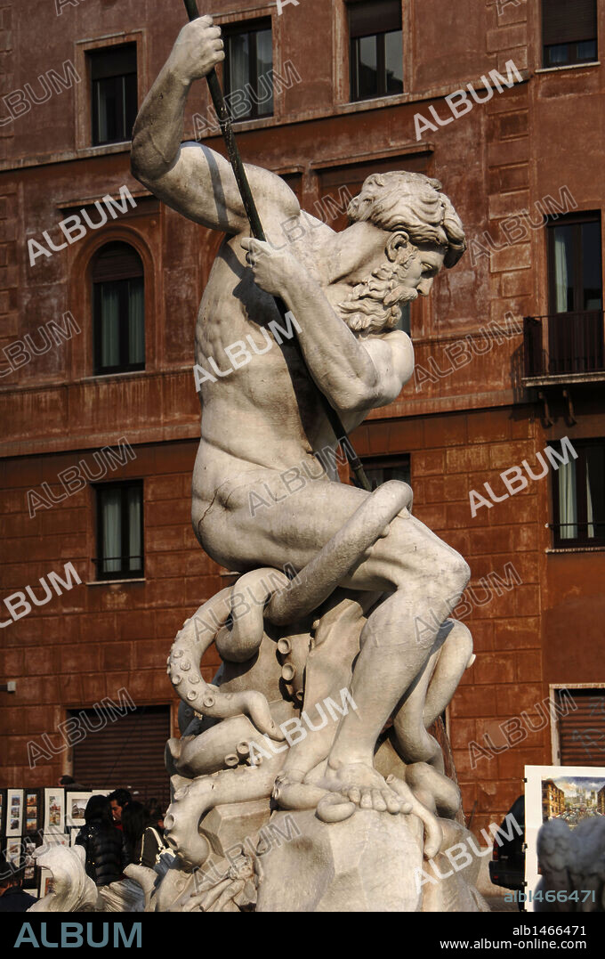 ARTE RENACIMIENTO. ITALIA. "FUENTE DE NEPTUNO". Realizada por Giacomo della Porta en 1574. Detalle de la escultura de "NEPTUNO LUCHANDO CON UN PULPO". Se encuentra en la Plaza Navona. ROMA.