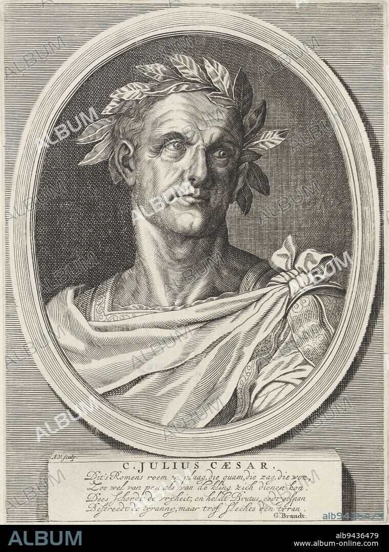 Portrait of Julius Caesar, with a laurel wreath on the head. Print from a series of fourteen portraits of Roman emperors, Germanicus and Seneca, Portrait of Julius Caesar Classical portraits (series title)., print maker: Andries Vaillant, (mentioned on object), Titiaan, Geeraert Brandt (I), (mentioned on object), 1665 - 1693, paper, engraving, h 218 mm × w 160 mm.