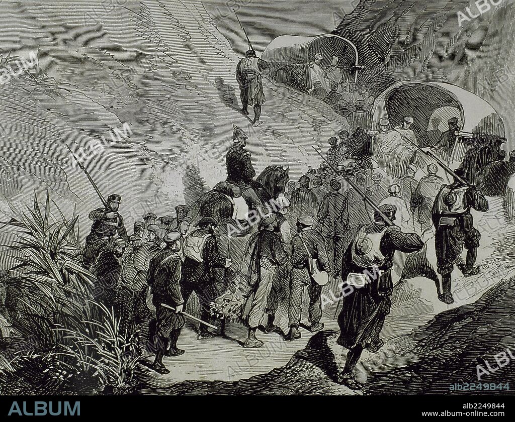 GUERRAS CARLISTAS. HISTORIA DE CATALUÑA. Conducción de los prisioneros carlistas de la Seu d'Urgell a través de las montañas del Empordà. Grabado por Rico. "La Ilustración Española y Americana", 1875.