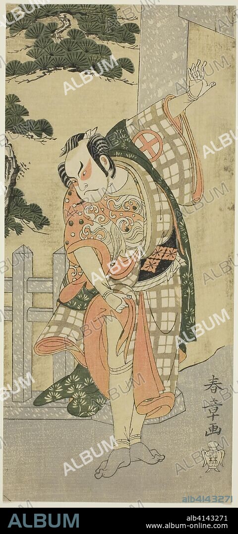 The Actor Otani Hiroji III in a Stage Pose (Mie) before a Shrine Gateway. Katsukawa Shunsho ?? ??; Japanese, 1726-1792. Date: 1764-1775. Dimensions: 31.1 x 14.4 cm (12 1/4 x 5 5/8 in.). Color woodblock print; hosoban. Origin: Japan.