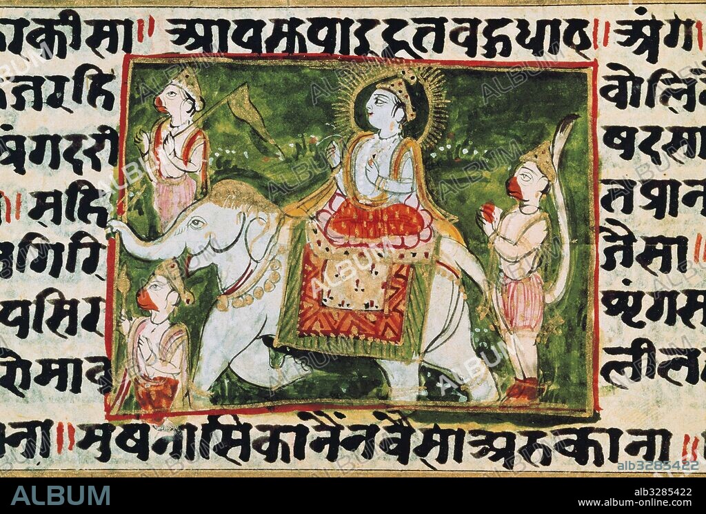 LITERATURA HINDU. SANSCRITA. PERIODO POSVEDICO. "RAMAYANA". Poema épico indio escrito entre los años 750-500 a. C. Atribuido al sabio Valmiki (hacia el siglo VIII-V a. C). El argumento gira entorno a las vidas de Rama, séptima encarnación o avar del Vishnú y de su esposa Sita contra Ravana. "Räma sobre un elefante, tras él, Hanumat, rey de los monos". Miniatura de un manuscrito del "Ramayana". Biblioteca Nacional de París. Francia.