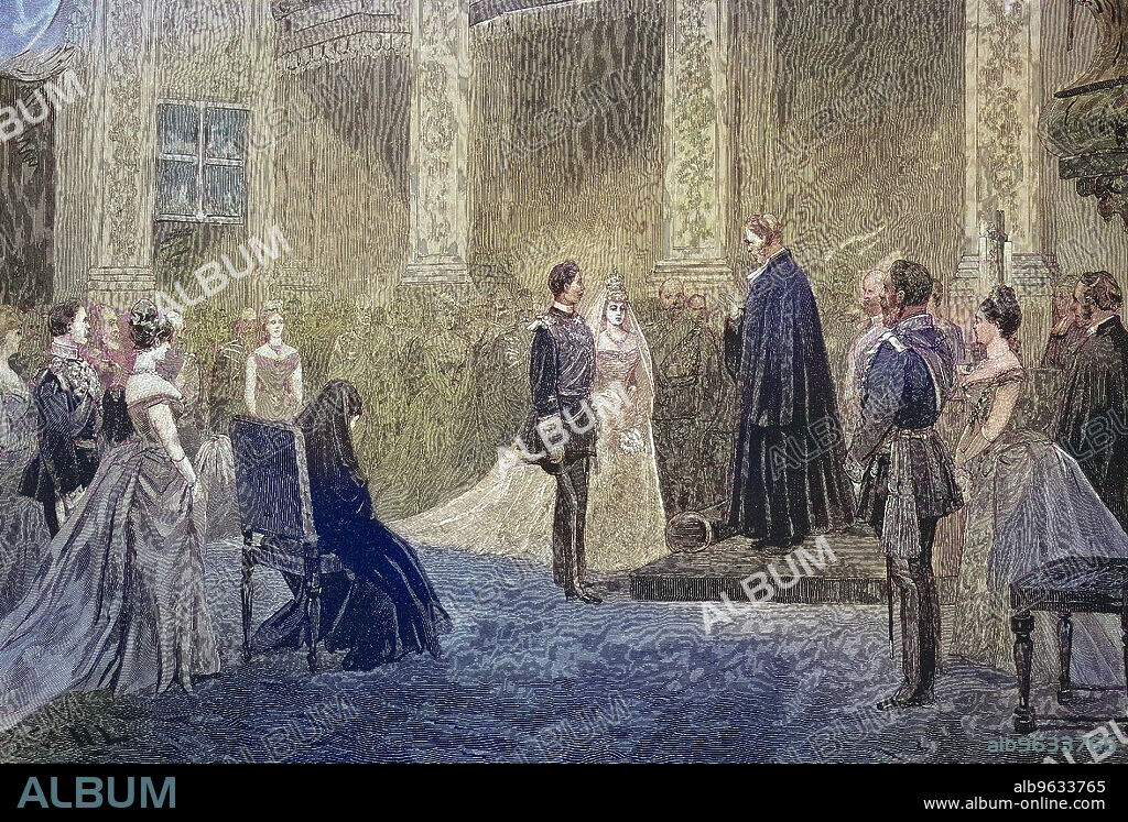 Hochzeit von Prinz Heinrich von Preußen und Prinzessin Irene von Hessen 1888, in der Kapelle des Schlosses Charlottenburg, Berlin, Deutschland, historical, digital improved reproduction of an original from the 19th century / digitale Reproduktion einer Originalvorlage aus dem 19. Jahrhundert, Originaldatum nicht bekannt, ca 1880.