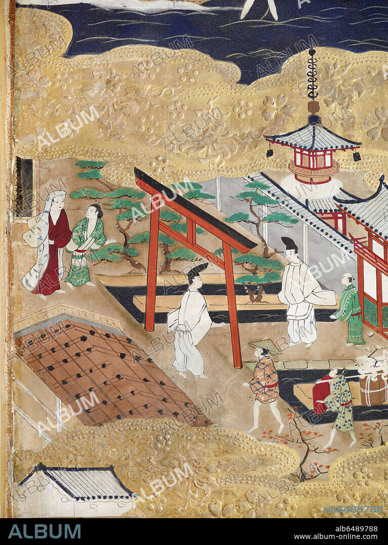 Osakazu Byobu (Osakajo-zu byobu) - Japanese eight-panel folding screen showing the city of Osaka during the Toyotomi Era (1583-1615),Momoyama Period. Schloss Eggenberg (Eggenberg Castle Museum) Graz, Austria. 
Panel 1 - Two monks in front of the Shinto Nintoku Tennogu shrine, dedicated to Emperor Nintoku, 16th Tenno, late 4th to early 5th century.