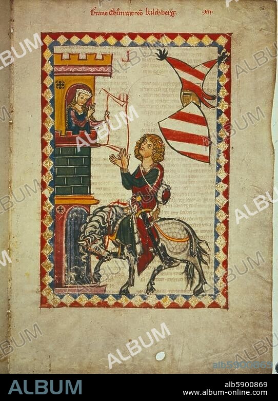 ANONYME. Enluminure, Zurich, v. 1310-1340. - Le comte Conrad II (1275-1326). ou Conrad III (1281-1315) von Kirchberg tendant un rouleau de parchemin à sa dame. In : Codex Manesse ou " Grand manuscrit d'Heidelberg". Heidelberg, bibliothèque universitaire, Cod. Pal. Germ. 848. fol. 24r. Heidelberg, Universitätsbibliothek.
