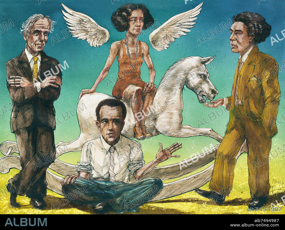 ANDRÉ BRETON und MAX ERNST. Ehrt, Rainer; geb. 1960. "Le cheval à bascule des surréalistes / Das Schaukelpferd der Surrealisten", 2019. (v.l.n.r. Max Ernst trifft Paul Éluard und André Breton; auf dem Pferd Nusch Éluard). Aus der Serie: "Deutsch-französische Begegnungen". Tuschfeder und Acryl auf Karton. Besitz des Künstlers.