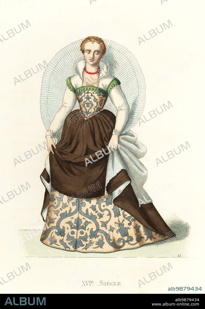 Noble lady of Venice, 16th century. With dyed blonde hair, brown satin robe over a rich brocade gown, starched white muslin veil. Noble Dame de Venise. Handcolored lithograph by Jules Jacquet after an illustration by Edmond Lechevallier-Chevignard from Georges Duplessis's Costumes historiques des XVIe, XVIIe et XVIIIe siecles (Historical costumes of the 16th, 17th and 18th centuries), Paris, 1867. Edmond Lechevallier-Chevignard was an artist, book illustrator, and interior designer.