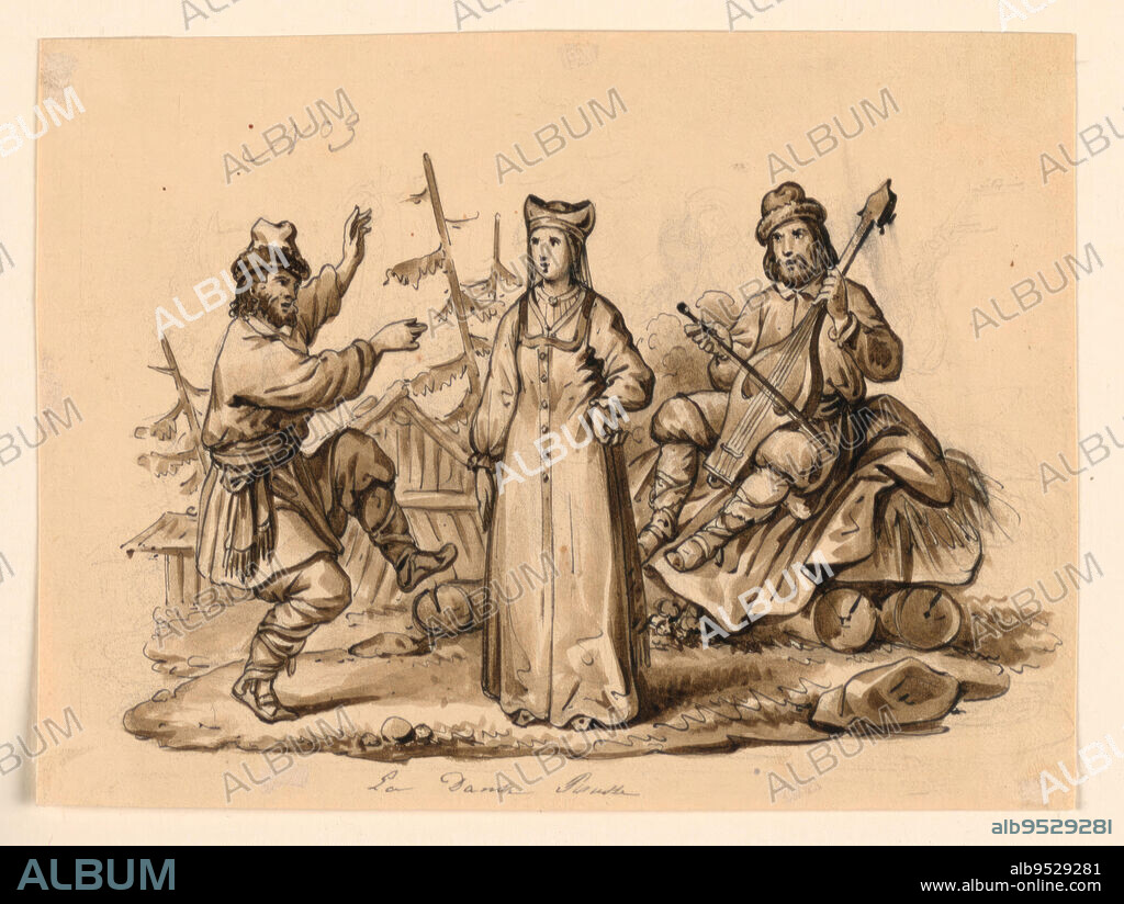 VICTOR VINCENT ADAM. Vignette of a woman standing, center, with her left hand resting on her hip. At left, a man dances. At right, a musician is seated. Date: 1835-1840. Pen and ink, brush and sepia and gray wash on paper.