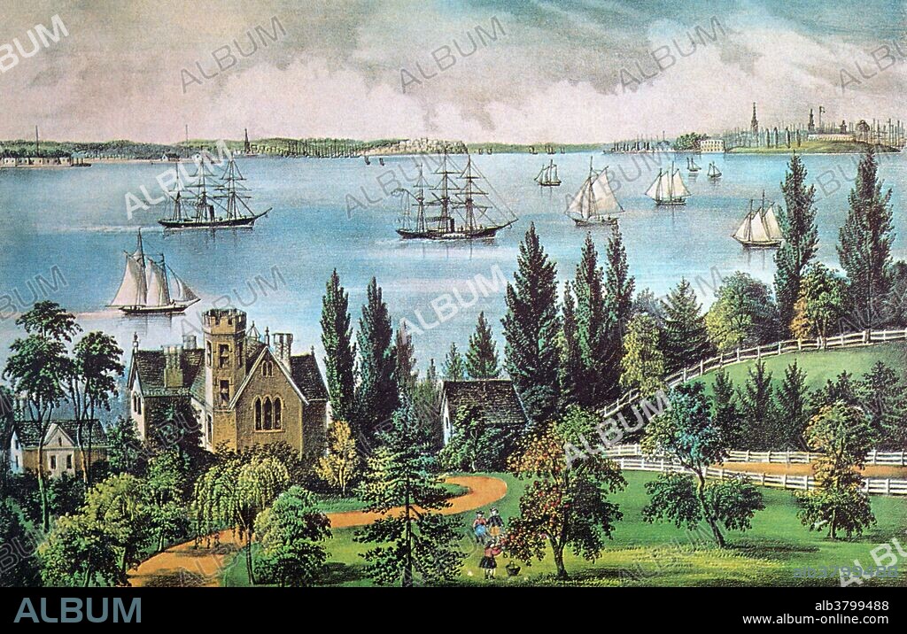 Lithograph entitled: "New York Bay, from Bay Ridge, Long Island. Bedloes Island, Jersey City, Hoboken, Castle Garden, Governor's Island, 1872." New York Bay is the collective term for the marine areas surrounding the entrance of the Hudson River into the Atlantic Ocean. Its two largest components are Upper New York Bay and Lower New York Bay, which are connected by The Narrows. The first European to discover the area was Giovanni da Verrazano in 1524. The term New York Harbor is sometimes taken to be identical to New York Bay.