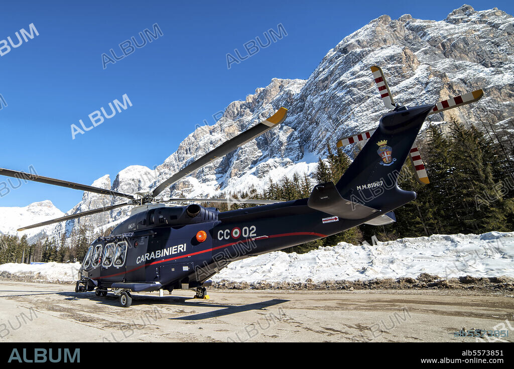 Italian Arma dei Carabinieri new Agusta Westland AW-139 helicopter in service during the Cortina 2021 FIS Alpine World Ski Championships in Italy.