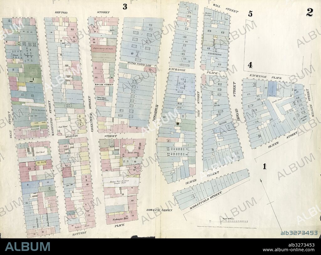 Plate 2: Map bounded by Rector Street, Broadway, Wall Street, Broad Street, Exchange Place, William Street, Beaver Street, Broad Street, Marketfield Place, Battery Place, West Street. 1857, 1862, Perris and Browne, New York, USA.