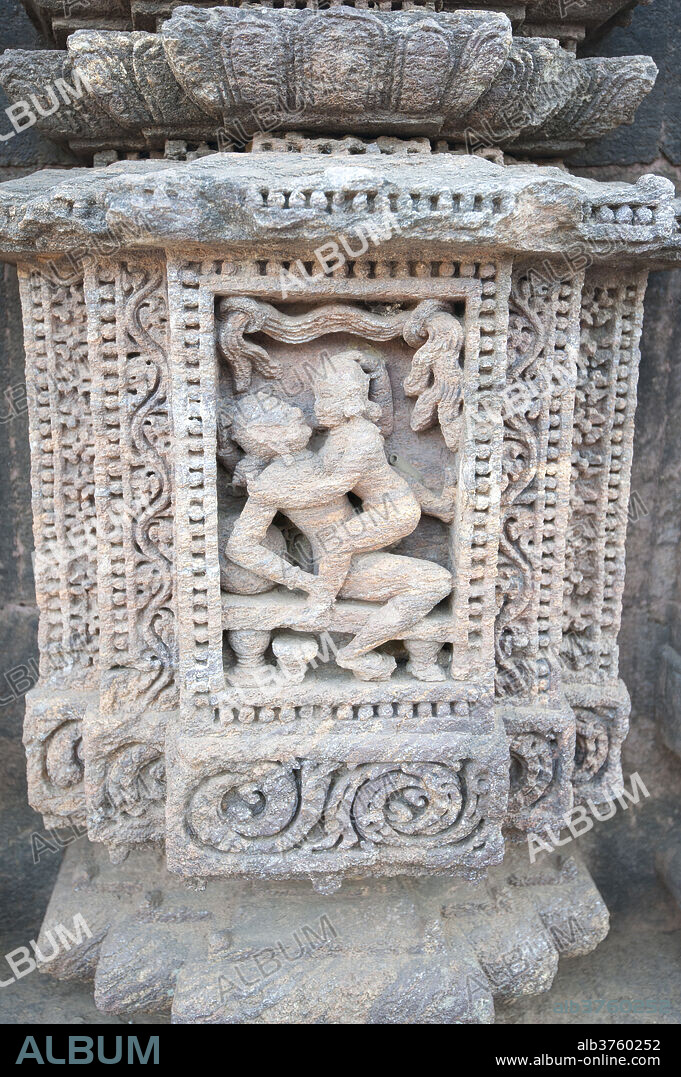 Erotic carving on the 13th century Konarak Sun temple, built as the chariot of Surya the Sun god, UNESCO World Heritage Site, Konarak, Orissa, India, Asia.