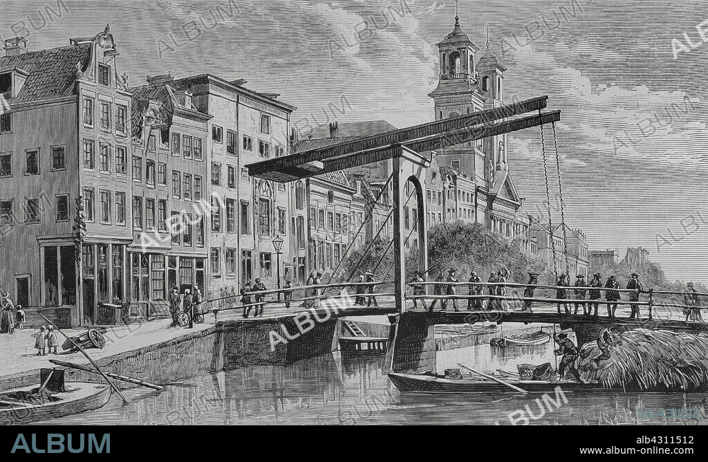 TOMÁS CARLOS CAPUZ (1834-1899). SPANISH ENGRAVER.. Holanda. Amsterdam. Canal Houtgracht con puente levadizo. Grabado por Tomás Carlos Capuz (1834-1899). La Ilustración Española y Americana, 1883.