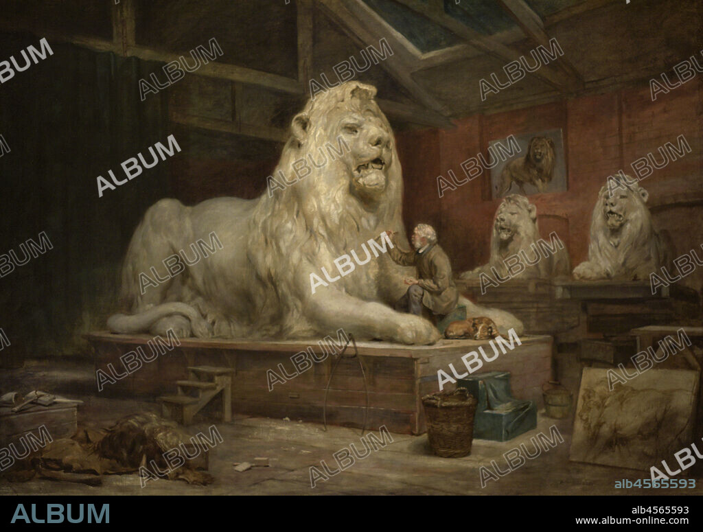 JOHN BALLANTYNE (1815-1897). SCOTTISH ARTIST.. Edwin Landseer (1802-1873). Pintor y escultor británico. Landseer modelando uno de los leones de la columna de Nelson de Trafalgar Square, en el taller de Kensington del escultor Carlo Marochetti. Pintura realizada por John Ballantyne (1815-1897). Oleo sobre lienzo (80 x 113 cm), h. 1865. National Portrait Gallery. Londres. Inglaterra.