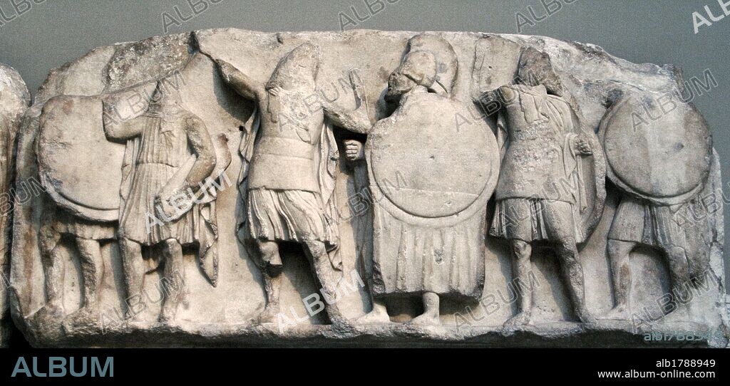 Nereid Monument. Sculptured tomb from Xanthos. Classical period Lycia. Turkey. Variety of soldiers (hoplits, archers) Upper podium frieze. 390-380 BC. British Museum. London. England. United Kingdom.