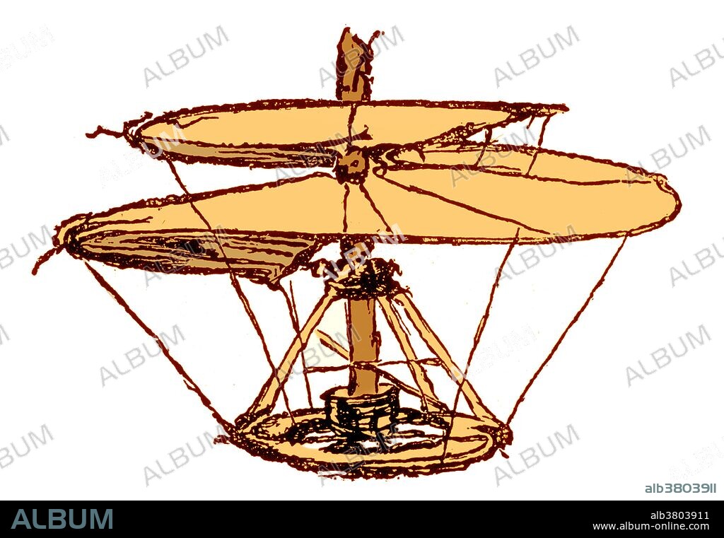 A sketch by Leonardo da Vinci of a flying machine known as the "helical air screw" or the "airscrew". It was designed to compress air to obtain flight, similar to modern helicopters.