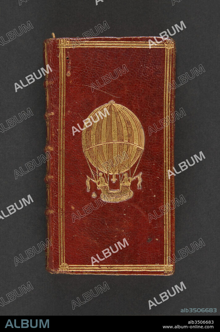 Almanach royal, année bissextile M.DCC.LXXXIV., 1783, Paris, France, 127 pages, Height: 4 5/16 in. (11 cm), The stamp on the front cover depicts two individuals, Jacques- Alexandre-César Charles (1746-1823) and Marie-Noël Robert (1760-1820), collaborators in developing the world’s first hydrogen balloon. Known as the charlière balloon, Charles’ and Robert’s invention debuted in Paris two months after the Montgolfier Brothers launched their first hot air balloon.