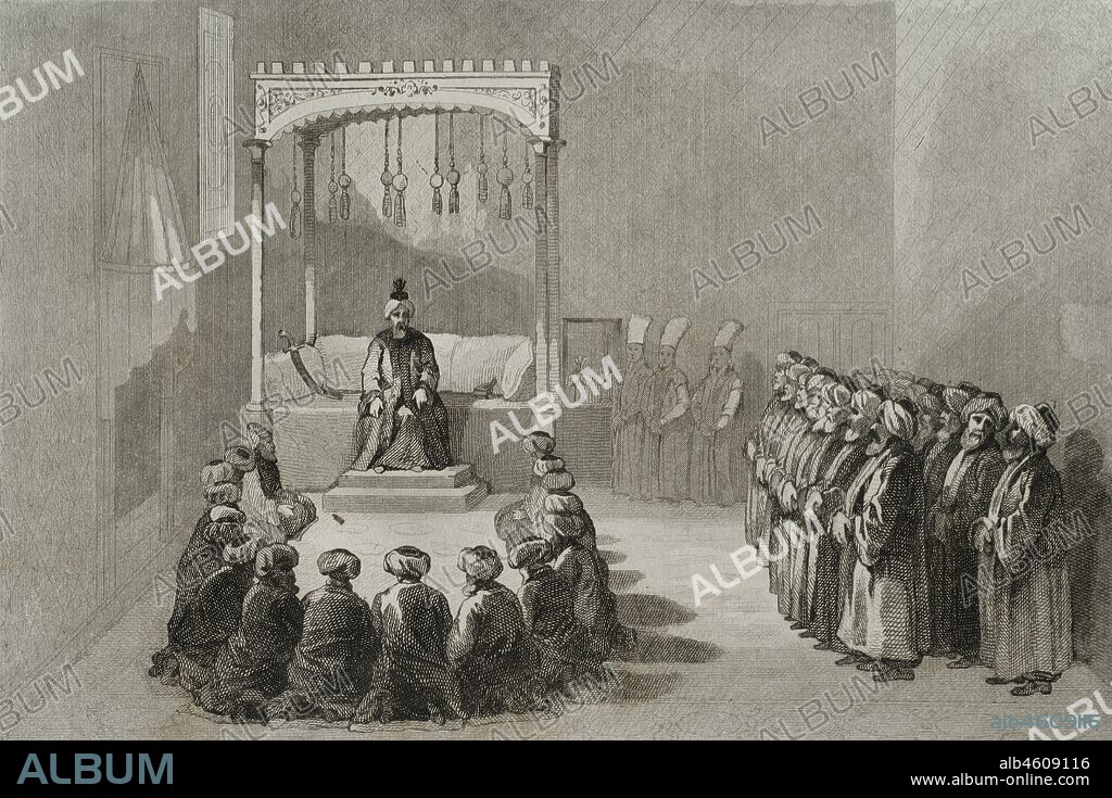 Turquía. Constantinopla (actual Estambul). Palacio de Topkapi. Ceremonia religiosa en la Sala de Audiencias (Arz Odaci) en la víspera de las dos fiestas del Bayram. Grabado por Lemaitre, H. Lalaisse y Branche. Historia de Turquía, por Joseph Marie Jouannin (1783-1844) y a Jules Van Gaver. Panorama Universal, edición española,1840.