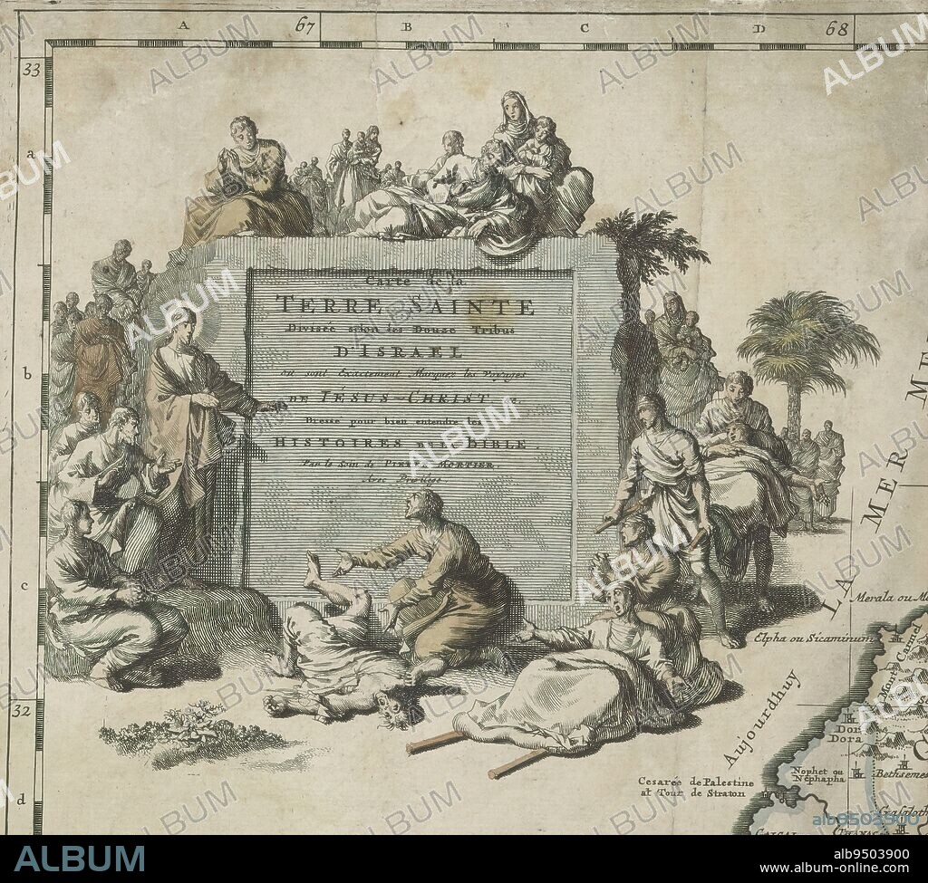Christ heals the sick, Carte de la Terre Sainte Divisée selon les Douze Tribus d'Israel (...) (title on object), To the left of a stone with title Christ stands surrounded by a group of people. In front of him on the ground lies a sick or crippled person. To the right, two sick people are being brought towards Christ on stretchers. On top of the stone, people watch as Christ will heal them. Detail of a map of Israel., print maker: anonymous, publisher: Pieter Mortier (I), (mentioned on object), Amsterdam, 1685 - 1712, paper, etching, height 206 mm × width 240 mm.