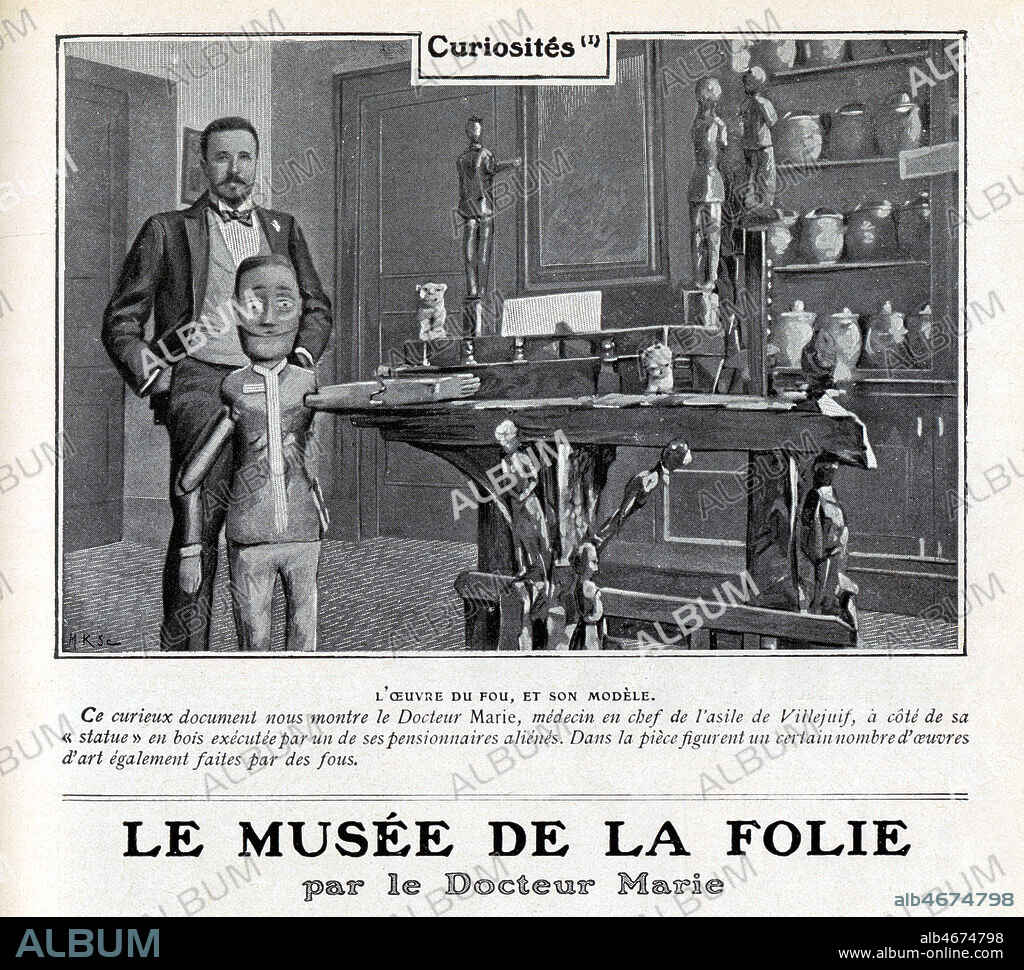 Le musee de la folie. L'oeuvre du fou et son modele par le docteur MARIE medecin en chef de l'asile de Villejuif. Illustration anonyme pour le magazine Je sais tout , 1905. Credit : Collection KHARBINE-TAPABOR.