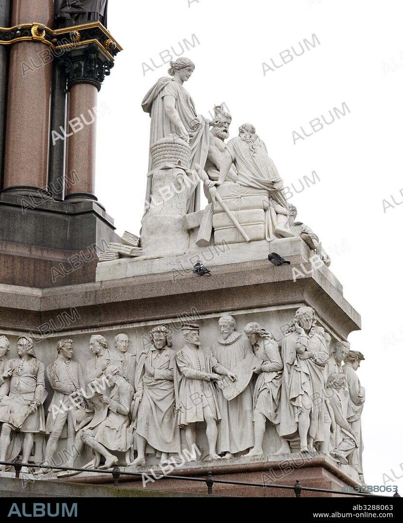 The Albert Memorial in Kensington Gardens, London. Commissioned by Queen Victoria in memory of her beloved husband, Prince Albert who died of typhoid in 1861. The memorial was designed by Sir George Gilbert Scott in the Gothic Revival style. Opened in July 1872 by Queen Victoria.