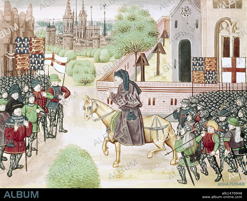 HISTORIA DE INGLATERA. REVUELTA DE LOS CAMPESINOS O REVUELTA TYLERISTA. Insurrección campesina y de la baja clase social urbana inglesa, dirigida por Wat Tyler en 1381. La rebelión antifiscal, fue provocada por la creación un impuesto personal. Detalle de una miniatura de Froissart del s. XV, donde se representa el ENCUENTRO ENTRE WAT TYLER Y EL SACERDOTE REVOLUCIONARIO JOHN BALL.