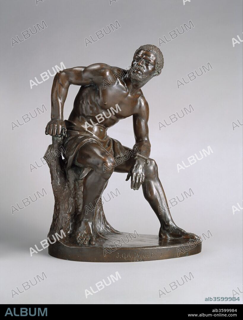 The Freedman. Artist: John Quincy Adams Ward (American, Urbana, Ohio 1830-1910 New York). Dimensions: 19 1/2 x 14 3/4 x 9 3/4 in. (49.5 x 37.5 x 24.8 cm). Date: 1863, cast 1891.
Ward's depiction of a seminude African-American man was inspired by President Abraham Lincoln's Emancipation Proclamation, issued on September 22, 1862. Contemporary appreciation for "The Freedman" arose from the desire for statuary that addressed current issues in straightforward terms rather than through allegories. The muscular figure was executed with remarkable attention to anatomical accuracy. The broken manacles on the former enslaved man's left wrist and in his right hand offer a succinct commentary on the chief political and moral topic of the era and clearly proclaim Ward's abolitionist sentiments.