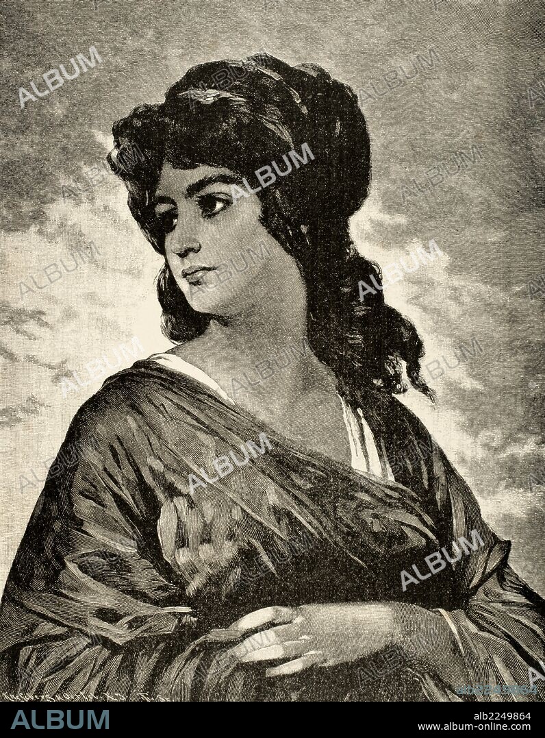 LUCRECIA (s. VI a. C). Hija del ilustre romano Espurio Lucrecio Tricipitino, contrajo matrimonio con Colatino. Víctima de una violación por parte del hijo de Lucio Tarquinio. El ultraje y suicidio de la mujer provocó la caida de la monarquía y establecimiento República. Grabado por Kaesenberg & Oertel. "La Ilustración", 1884.