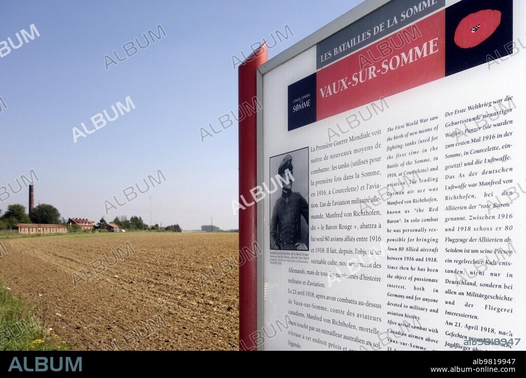 Information panel near the crash site of the Red Baron, the German First World War One ace fighter pilot Manfred von Richthofen at Vaux-sur-Somme, France