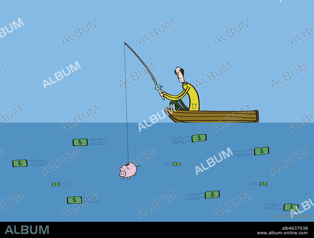 Man using piggy bank to fish for dollar fish.