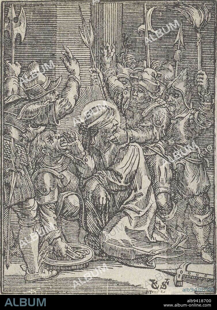 Christ being mocked by a group of soldiers. He is blindfolded and bound. Mockery of Christ, print maker: Christoffel van Sichem (II), (mentioned on object), publisher: Pieter Jacobsz. Paets, Amsterdam, 1648 and/or 1657, paper, letterpress printing, h 72 mm - w 55 mm.