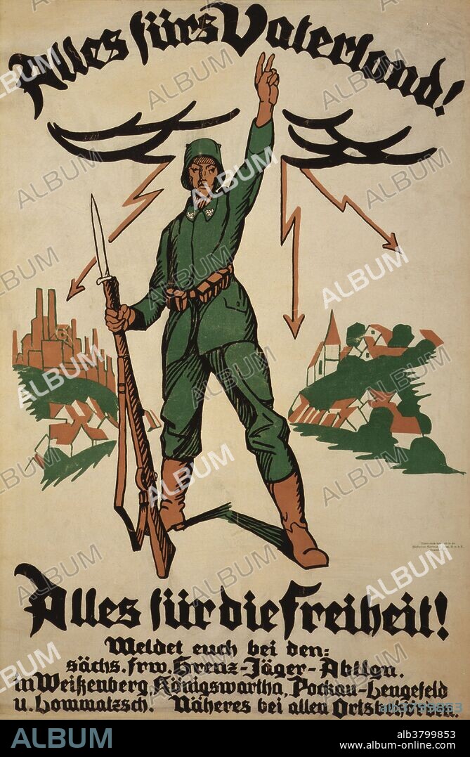 Entitled: "Alles fÃ¼rs Vaterland! Alles fÃ¼r die Freiheit!". Poster shows a German soldier with rifle in one hand and the other raised in the "V" sign; in background a factory and a town. Text declares "Everything for the Fatherland, everything for freedom", and instructs people to register for the border infantry battalion, 1918. Military recruitment is the act of requesting people, usually male adults, to join a military voluntarily.