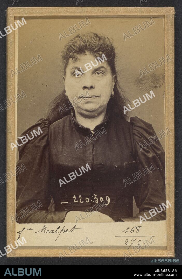 Malpet. Jeanne (femme Pivier). 51 ans, née en mai 42. Couturière. Anarchiste. 3/7/94. Artist: Alphonse Bertillon (French, 1853-1914). Dimensions: 10.5 x 7 x 0.5 cm (4 1/8 x 2 3/4 x 3/16 in.) each. Date: 1894.
Born into a distinguished family of scientists and statisticians, Bertillon began his career as a clerk in the Identification Bureau of the Paris Prefecture of Police in 1879. Tasked with maintaining reliable police records of offenders, he developed the first modern system of criminal identification. The system, which became known as Bertillonage, had three components: anthropometric measurement, precise verbal description of the prisoner's physical characteristics, and standardized photographs of the face. 
In the early 1890s Paris was subject to a wave of bombings and assassination attempts carried out by anarchist proponents of "propaganda of the deed." One of Bertillon's greatest successes came in March 1892, when his system of criminal identification led to the arrest of an anarchist bomber and career criminal who went by the name Ravachol (2005.100.375.348). The publicity surrounding the case earned Bertillon the Legion of Honor and encouraged police departments around the world to adopt his anthropometric system.