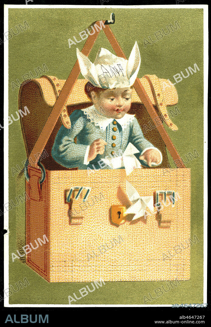 Enfant pourvu d'un bonnet d'ane, se trouvant dans un cartable geant suspendu a un mur.. Chromolithographie des annees 1880-89.. Credit : Collection Kharbine-Tapabor.