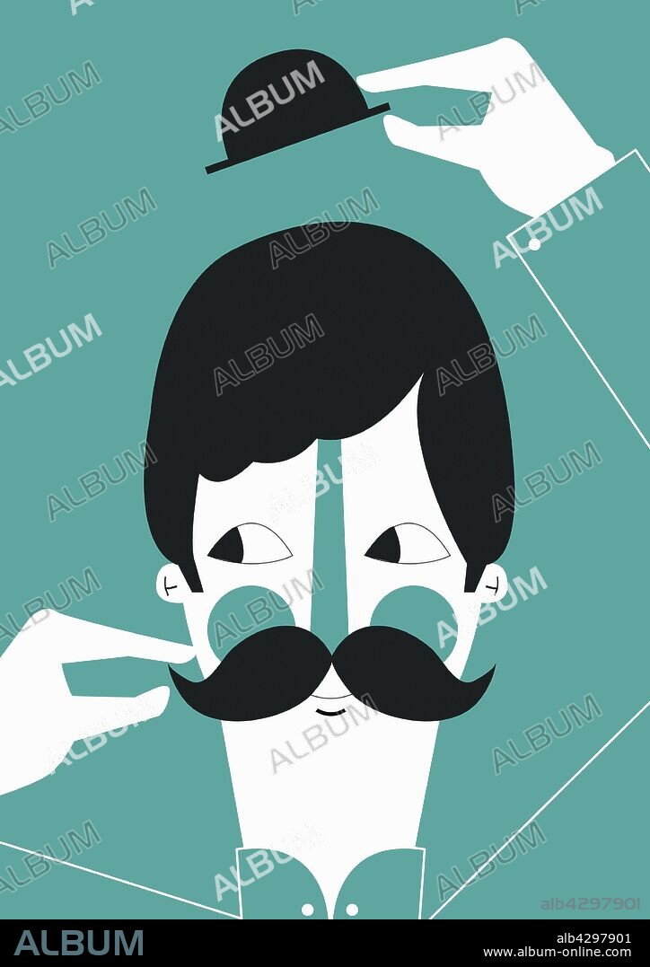 Man raising bowler hat and twisting mustache.