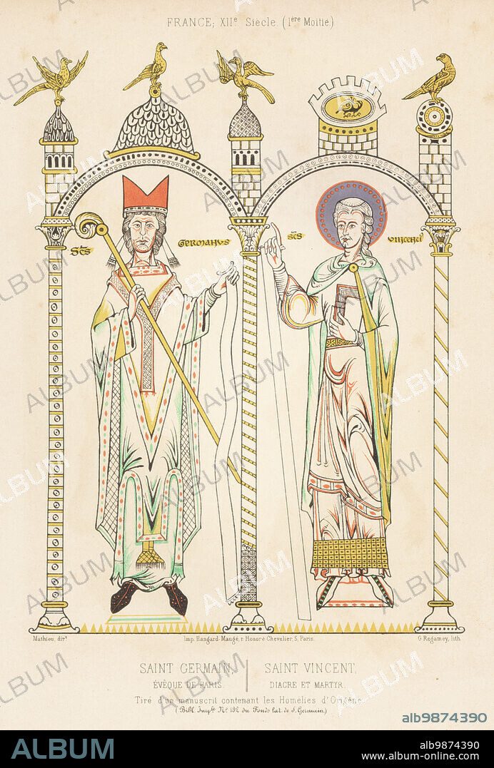 Saint Germain, Bishop of Paris, c.496-576. and Saint Vincent of Saragossa, Deacon and Martyr, died c.304. In French ecclesiastical robes, 12th century, of robe, tunic, cope and pallium. Taken from a manuscript containing the Homelies d'Origene, 192, Fonds Latin, Bibl. Imp. Saint Germain, Eveque de Paris. Saint Vincent, Diacre et Martyr, France, XIIe siecle. Chromolithograph by Guillaume Regamey after an illustration by Mathieu from Charles Louandres Les Arts Somptuaires, The Sumptuary Arts, Hangard-Mauge, Paris, 1858.