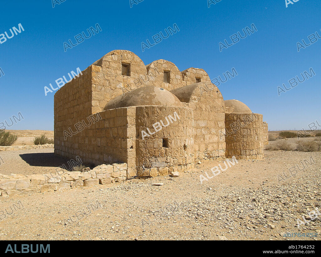 Palace of Qusayr Amra, by Unknown Artist, 711, 8th Century,. Jordan, Qusayr Amra, Qusayr Amra, Palace of Qusayr Amra. View Qusayr Amra Palace, built for Kaliph Caliph Kalifh Al Walid, includes a hearing room connected to a small but refined thermal bath complex, fashioned after Roman thermae standards. The dome vault of the calidarium is decorated with frescos representing the astronomic cycle, based on classic Roman art. 2009 photograph.