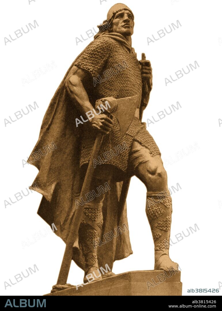 American sculptor A. Stirling Calder's memorial statue of Leif Ericson, in Reykjavik, Iceland. Leif Ericson (970 -1020) was a Norse explorer regarded as the first European to land in North America, nearly 500 years before Christopher Columbus. According to the Sagas of Icelanders, he established a Norse settlement at Vinland, tentatively identified with the Norse L'Anse aux Meadows on the northern tip of Newfoundland in modern-day Canada. Leif was the son son of Erik the Red, an explorer, outlaw fans founder of the first Norse colonies in Greenland. According to the Saga of Erik the Red, Leif apparently saw Vinland for the first time after being blown off course on his way to introduce Christianity to Greenland.