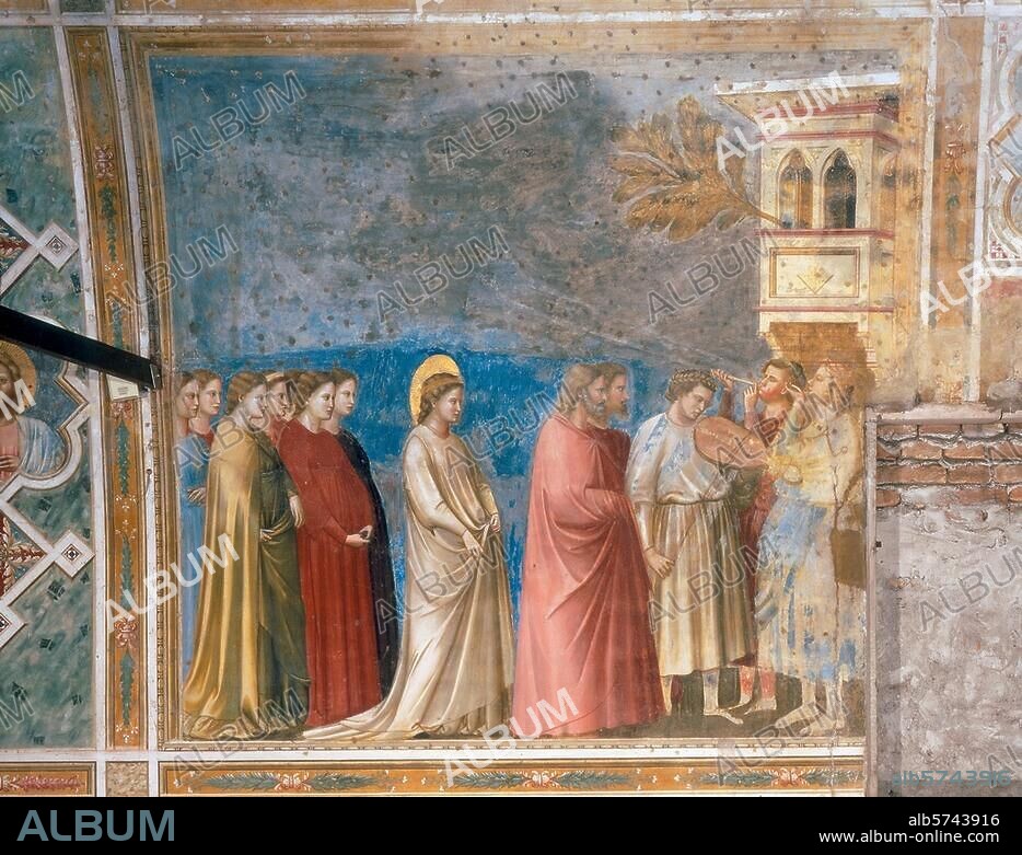 Giotto di Bondone; um 1266-1337; und Werkstatt. "Der Hochzeitszug Mariä", um 1303/05. Fresko, ca. 185 × 200 cm. Aus dem Zyklus mit Szenen aus dem Leben Mariä und Christi. Padua, Arenakapelle (Cappella degli Scrovegni), linke Wand, obere Reihe, 6. Bild.