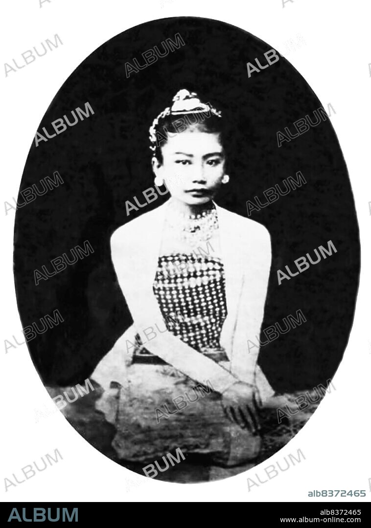 Supayalat (13 December 1859 24 November 1925) was the last queen of Burma who reigned in Mandalay (18781885), born to King Mindon Min and Queen Alenandaw. Their reign lasted just seven years when Thibaw Min was defeated in the Third Anglo-Burmese War and forced to abdicate by the British in 1885. On 25 November 1885 they were taken away in a covered carriage, leaving Mandalay Palace by the southern gate of the walled city along the streets lined by British soldiers and their wailing subjects, to the River Irrawaddy where a steamboat awaited. Thibaw was 27 and Supayalat 26.<br/><br/>. After years of exile in India, Supayalat returned to Rangoon in 1919. She died six years later, in 1925 - shortly before her 66th birthday. Although the colonial government declared the day of her funeral a national holiday, the royal family's request for her to be buried in Mandalay was also refused. Her funeral was, however, held with pomp and ceremony as befitted a Burmese queen.<br/><br/>. Supayalat lies buried at the foot of the Shwedagon Pagoda in Kandawmin Gardens between the tombs of Aung San Suu Kyi's mother Khin Kyi and the former UN Secretary General U Thant. Pictures From History.