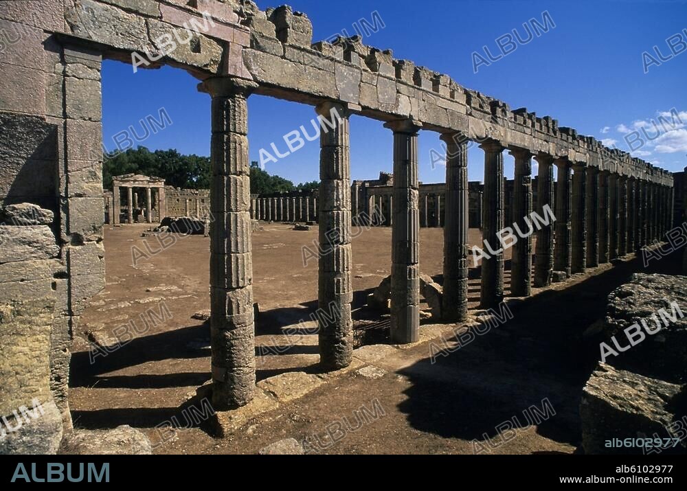 Kyrene / Cyrene / Shahhat (Cyrenaika, Libyen), Oberstadt, Ptolemaion (Gymnasion; erbaut im 2.Jh.v.Chr.; Stiftung vermutlich Ptolemaios' VIII.; in römischer Zeit unter der Bezeichnung Caesareum zu einem Forum umgewidmet).-Gesamtansicht des Hofes mit Säulenhalle von Nordwesten.-/ Foto, 2007.