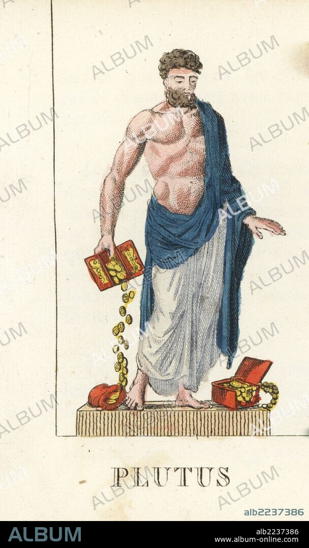 Plutus or Pluotos, Greek and Roman god of wealth, with boxes of gold coins. Handcoloured copperplate engraving engraved by Jacques Louis Constant Lacerf after illustrations by Leonard Defraine from "La Mythologie en Estampes" (Mythology in Prints, or Figures of Fabled Gods), Chez P. Blanchard, Paris, c.1820.