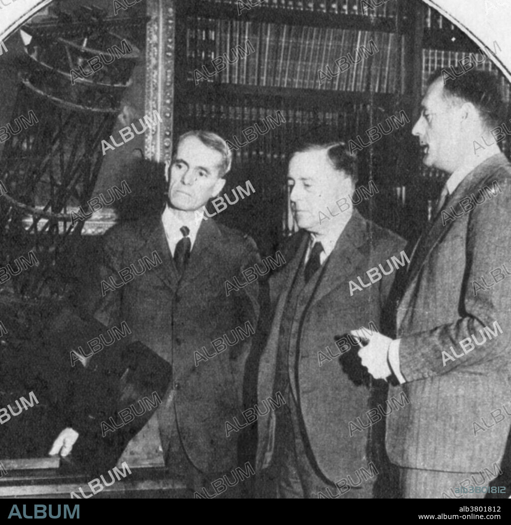 Photograph taken at the Mount Wilson Observatory, in Pasadena, California. From left to right Dr .Walter Adams, (Director of the observatory), Sir James Jeans and Dr. Edwin Hubble. Circa 1903's. Walter Sydney Adams, (1876-1956) American astronomer. His primary interest was the study of stellar spectra. He worked on solar spectroscopy and co-discovered a relationship between the relative intensities of certain spectral lines and the absolute magnitude of a star. James Hopwood Jeans (1877-1946)  was an English physicist, astronomer and mathematician. He made important contributions in many areas of physics, including quantum theory, the theory of radiation and stellar evolution. Jeans, along with Arthur Eddington, is a founder of British cosmology. Edwin Powell Hubble (1889-1953) was an American astronomer who profoundly changed the understanding of the universe by confirming the existence of galaxies other than our own, the Milky Way.