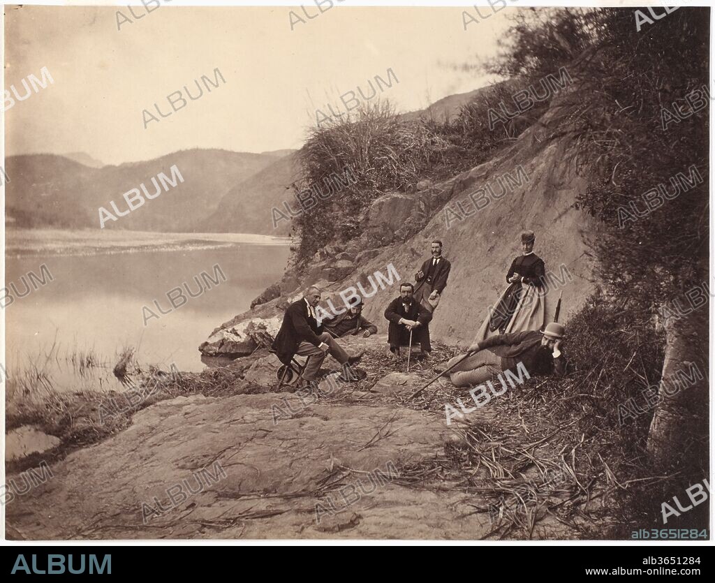 [Group of People Posing near River]. Artist: Lai Fong (Chinese, 1839-1890). Dimensions: Image: 7 3/16 × 9 1/2 in. (18.2 × 24.1 cm). Date: ca. 1869.