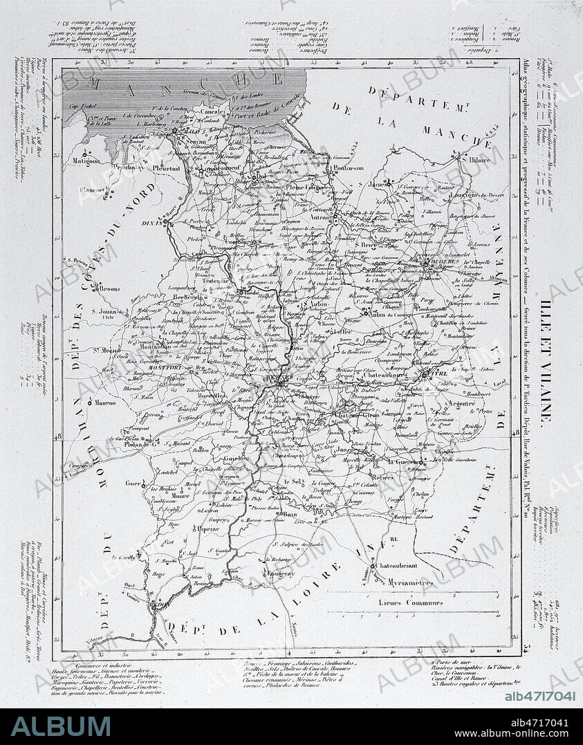 Carte du departement d'Ile et Vilaine, avec le trace du canal d'ile de Rance entre Dinan et Rennes. Gravure de 1850. Credit : Collection Mx/KHARBINE-TAPABOR.